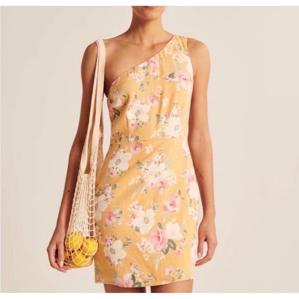 Abercrombie & Fitch Floral One Shoulder Linen Blend Mini Dress Yellow Pink L NWT